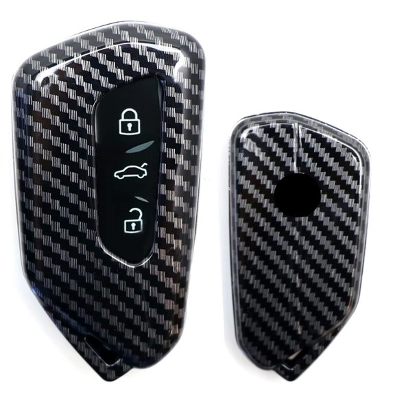 Gloss Black Carbon Fiber Pattern Exact Fit Key Fob Cover w/Chrome Edging Trim For Volkswagen MK8 Golf/GTI, Skoda Octavia 3/4/5-Button Smart Key