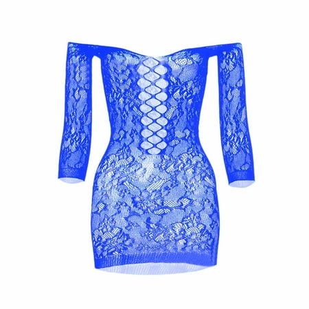 

adviicd Fishnets For Women Womens Hollow Fishnet Lingerie Hot Mini Dress Tube Chemise Bodysuit Blue One Size