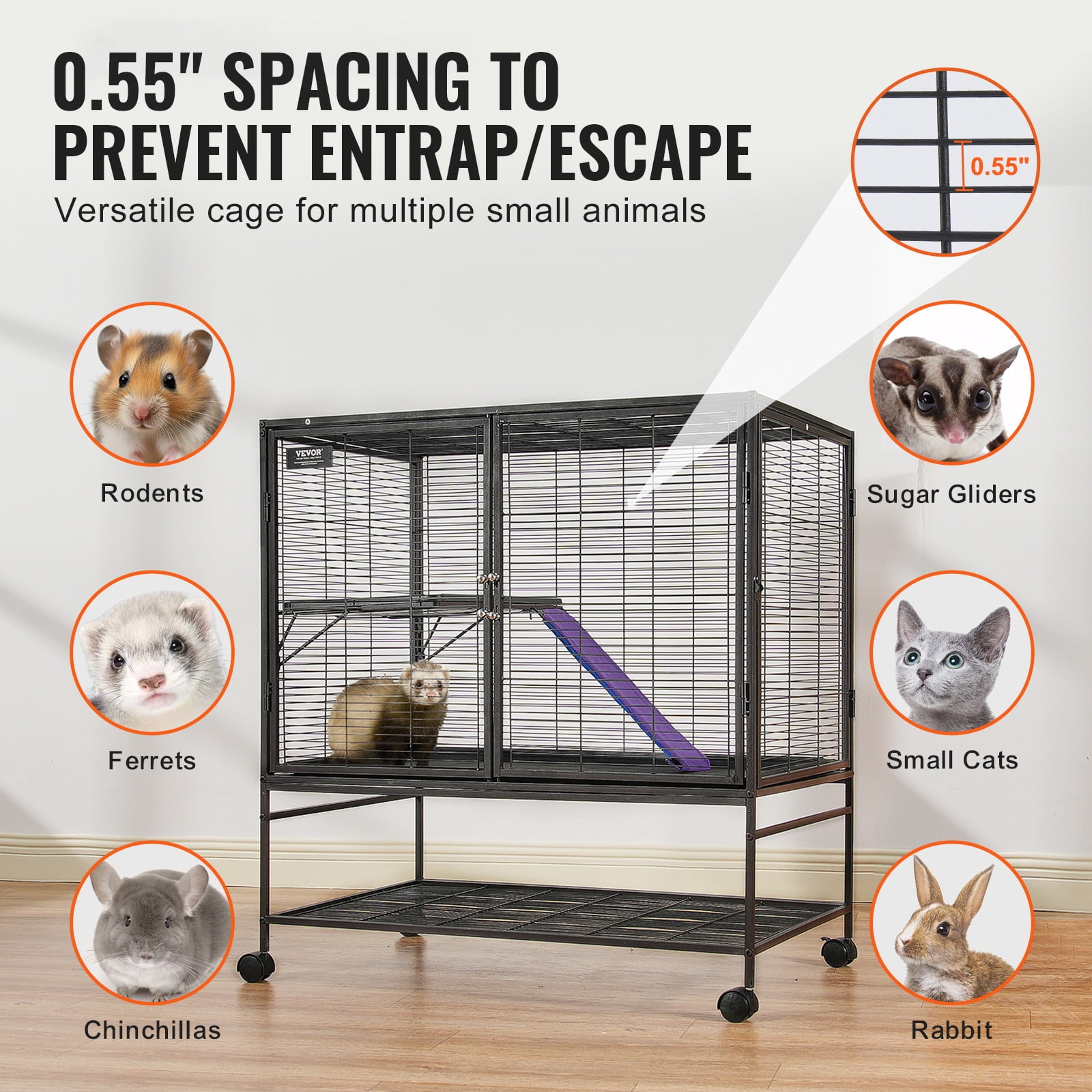 VEVOR 39" Rolling Metal Ferret Cage, Large 2-Tier Small Animal Cage with Ramps & Tray, Easy to Set up for Pet Rats, Hamster, Guinea Pig, Chinchilla, Squirrel, Hedgehogs, Bunny