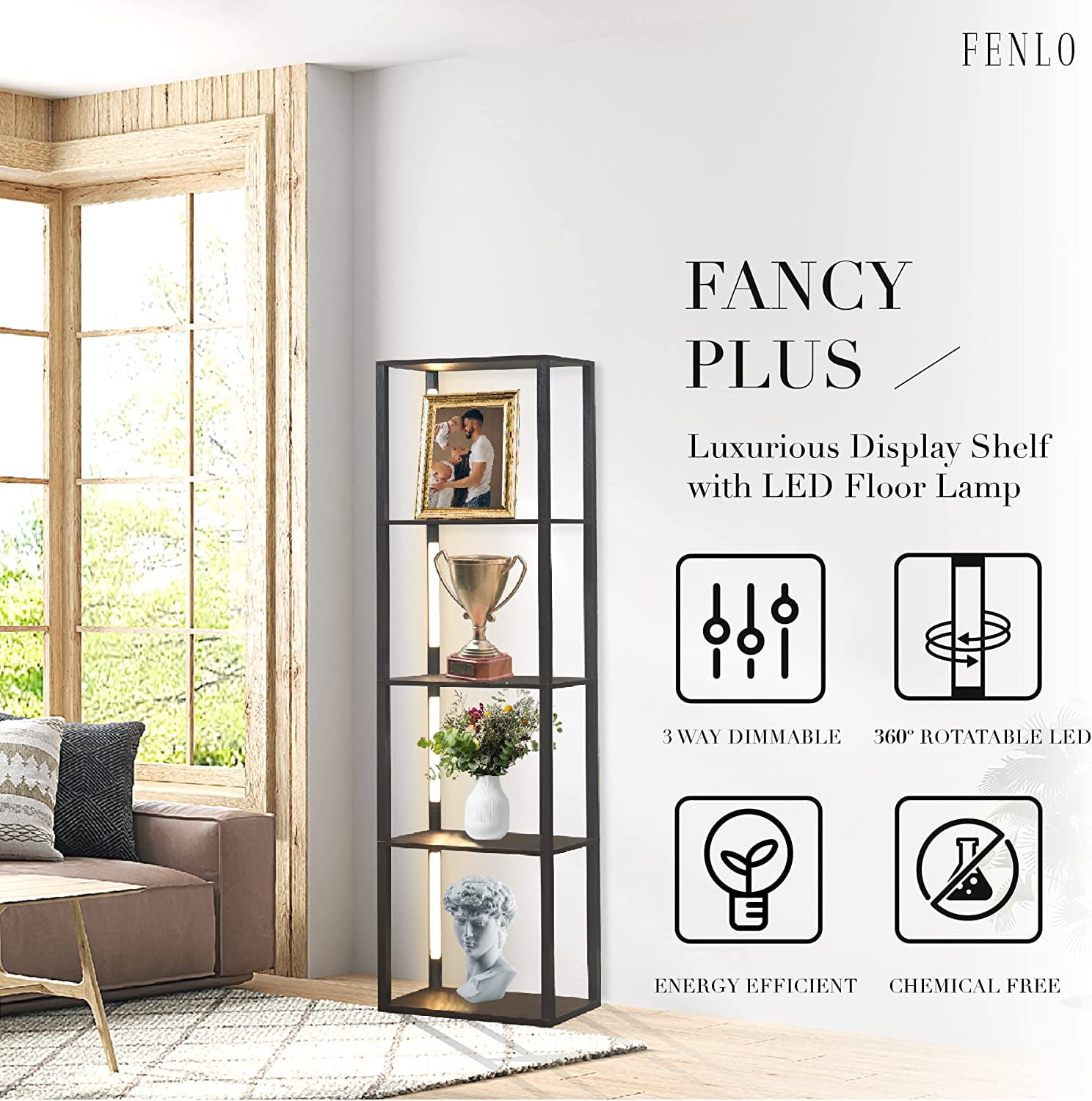 FENLO Fancy - LED Display Shelf with Dimmable Lights, LED Shelf Floor Lamps for Living Room, Sturdy Corner Shelf Curio Cabinet Display, Tall Floor Lamps with Shelves
