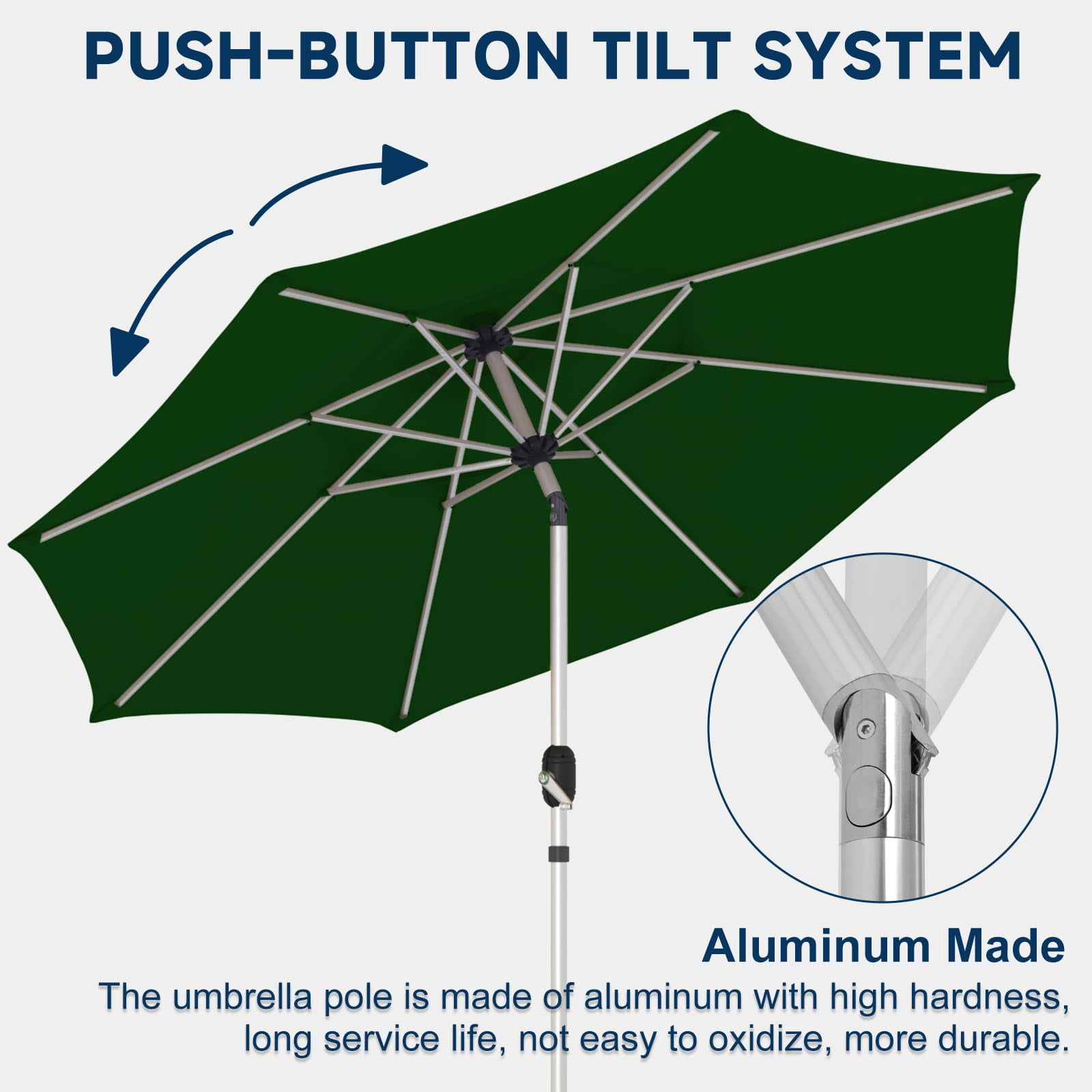 10FT 3-Tier Aluminum Outdoor Patio Umbrella, Fade-Resistant Market Umbrella with Push Button Tilt Function, 8 Sturdy All-Aluminum Ribs for Gardens, Patios, Backyards & Pools (Green)