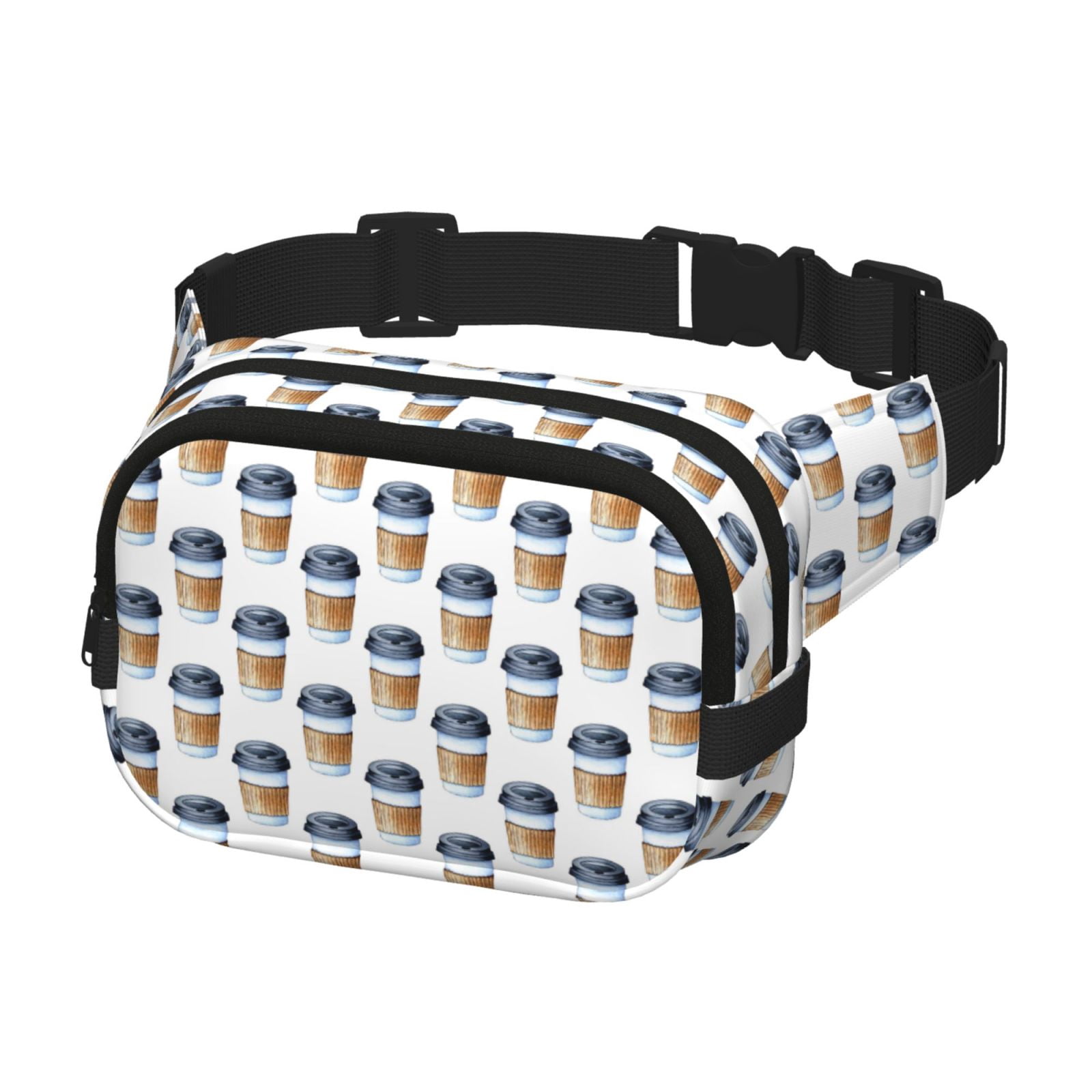 Picia Coffee To Go Pattern Print Square Double-Layer Waist Bag Mini Adjustable Waist Belt Bag Exercise Running Travel Hiking