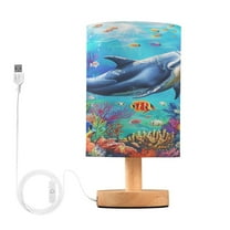 Dolphin in Sea Bedside Table Lamp Desk Warm Lights with USB Charging Port Cylinder LED Lamps for Bedroom Living Room Office