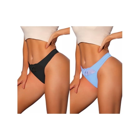 NOMADIC NOOK Women s Low-Rised Satin Bikini Panties Lace Waist Thongs Underwear 2 Packs L Blue3