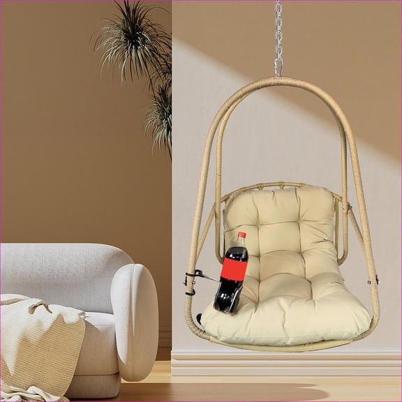 Hanging Swing Egg Chair | Indoor Outdoor Patio Use | With Stand, Cushion & Cup Holder | Rattan Metal | Solid Back