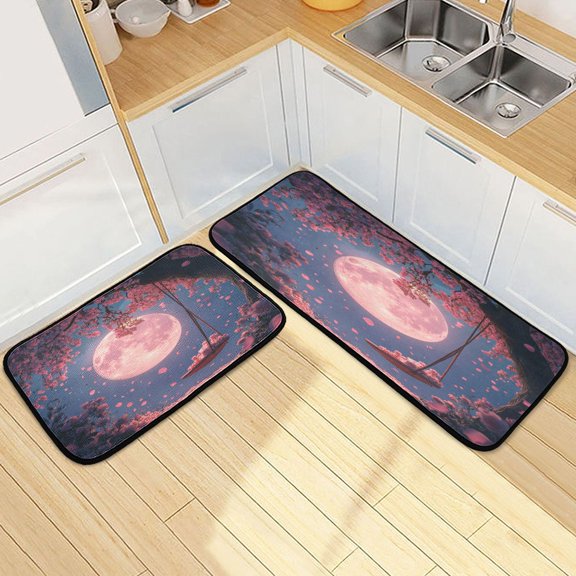 Kitchen Rugs and Mats【2 PCS】Non Skid Pink Moon Pattern Creative Kitchen Mat