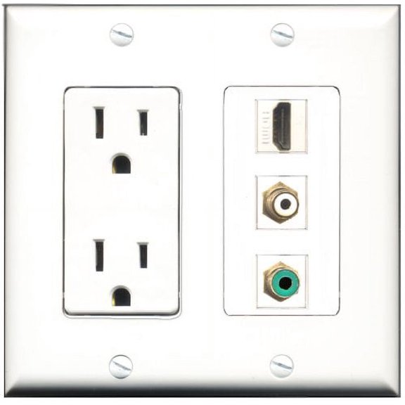 RiteAV - 15 Amp Power Outlet 1 Port HDMI 1 Port RCA White 1 Port RCA Green Decorative Wall Plate