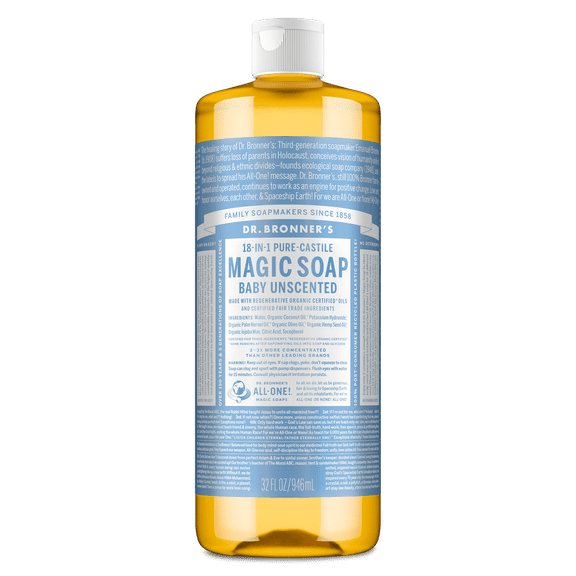 Dr. Bronner's Magic Soap - Castile Liquid Soap - 32 oz - Body Wash, Face Wash - Unscented - Age Group: Baby & All Ages