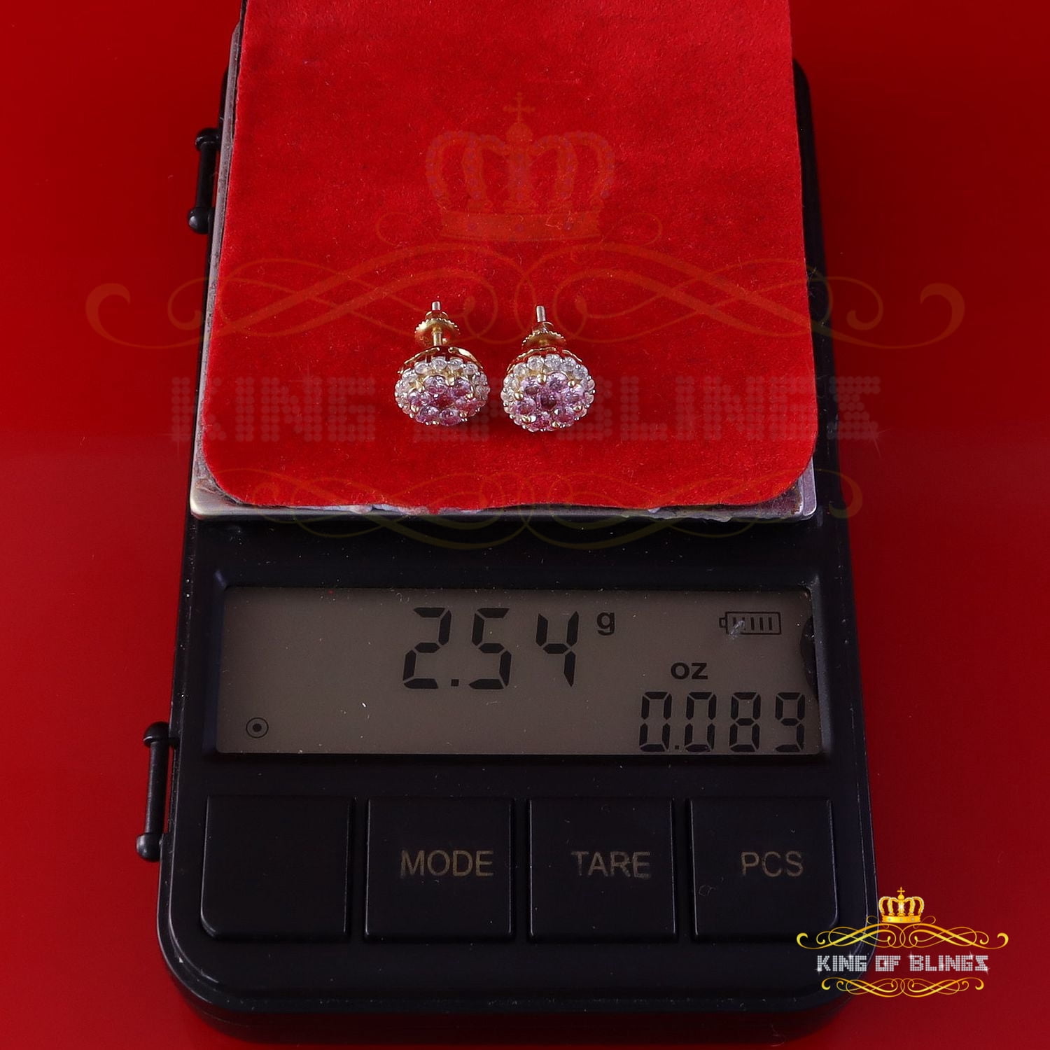 King of Bling's 925 Silver Yellow 1.33ct VVS D Pink Moissanite Round Men's/Women's Stud Earrings
