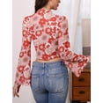 thumbnail image 3 of IDOPIP Bell Sleeve Tops for women Lettuce Trim Mock Neck Floral Mesh Top Crop T Shirt S-XL, 3 of 9