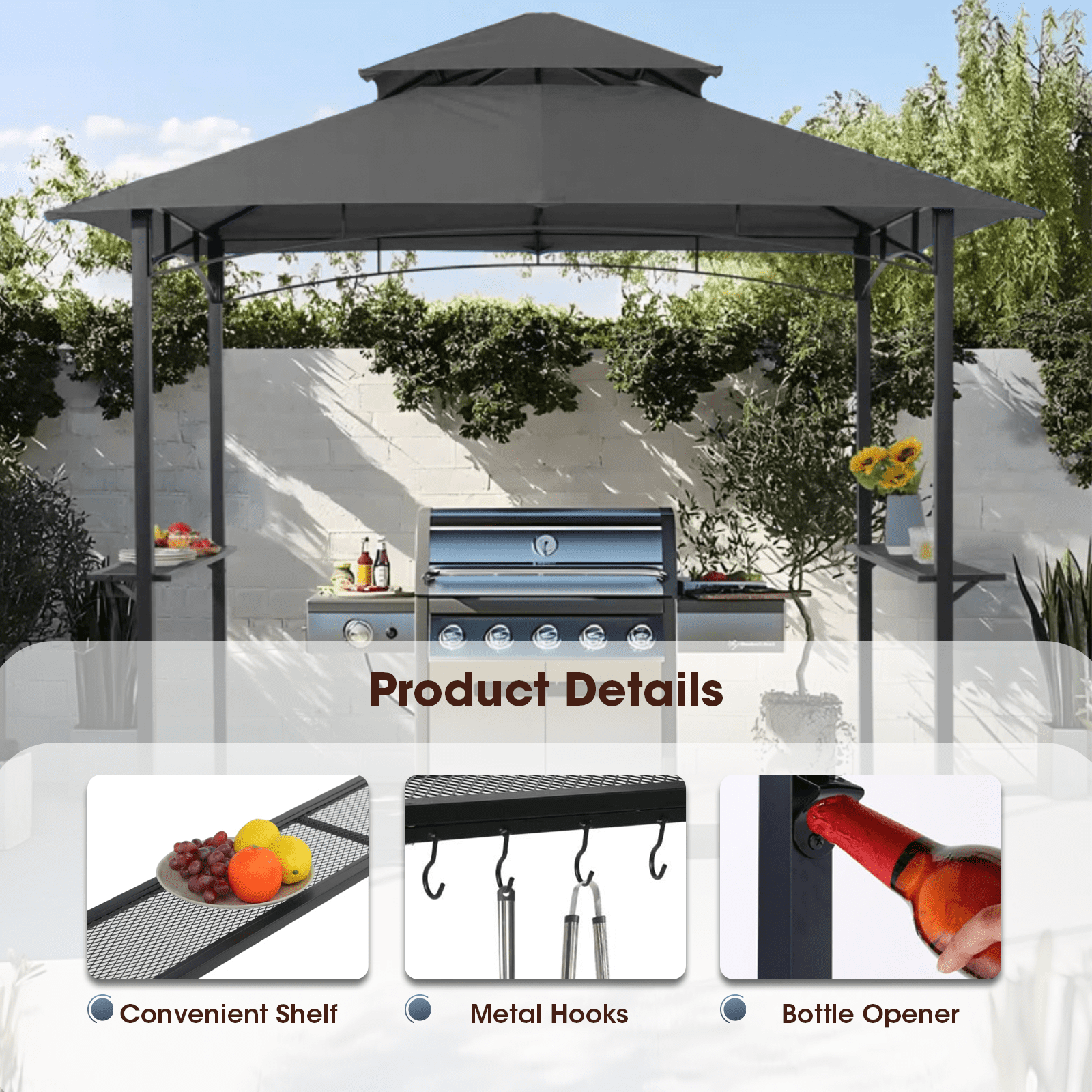 Gaildon 96’’x60’’x101’’ Outdoor Grill Gazebo with Vented Top , Double Tier Outdoor Grill Shelter-Grey