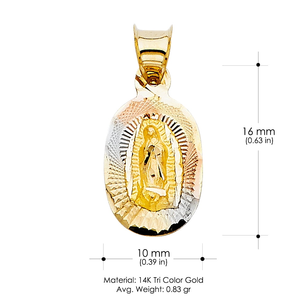 Ioka-14K Tri Color Gold Diamond Cut Our Lady of Guadalupe Stamp Charm Pendant with 1.5mm Valentino Chain Necklace - 18"