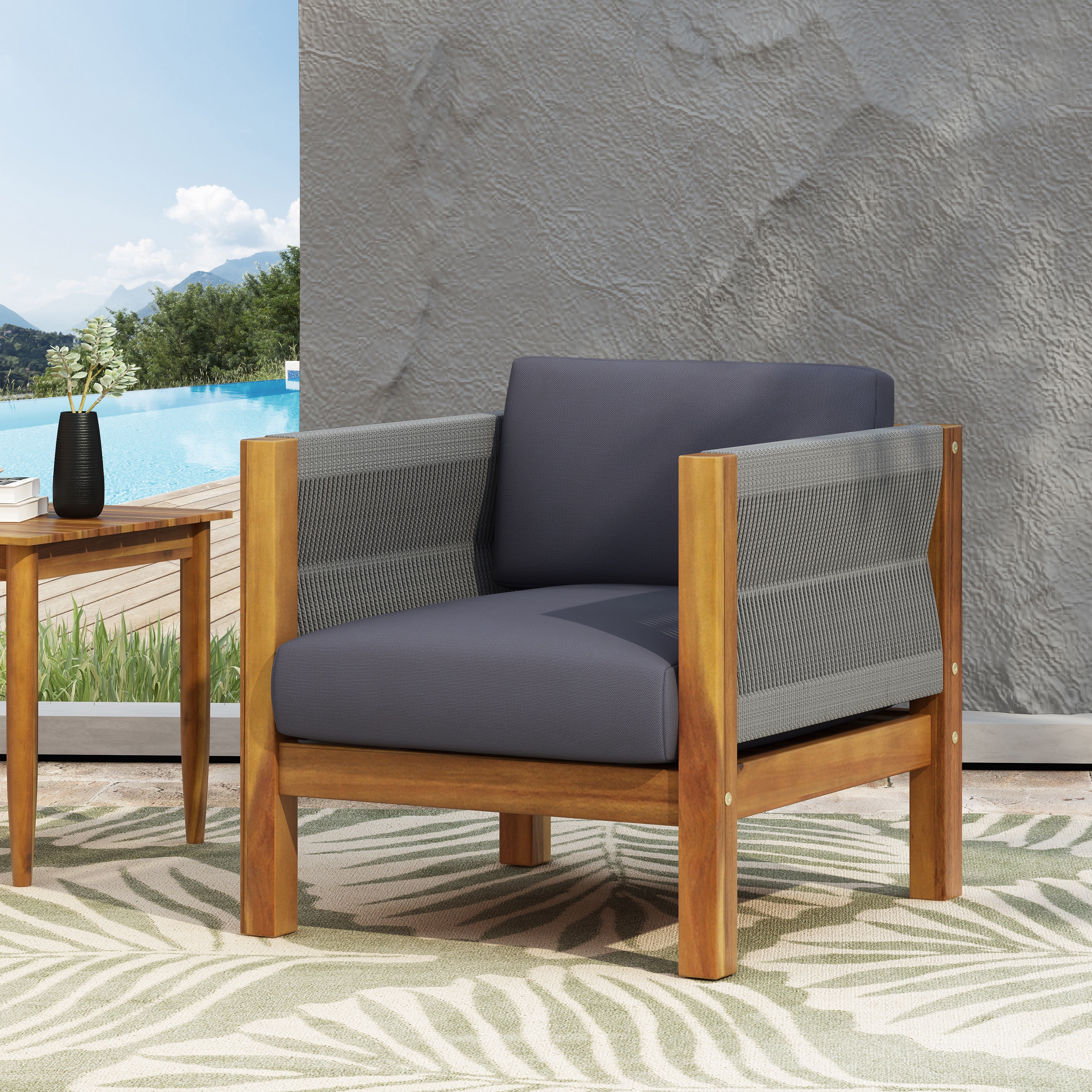 Euroco 2-Piece Modern Outdoor Club Chair Set with Acacia Wood Frame and Rattan Rope Weave