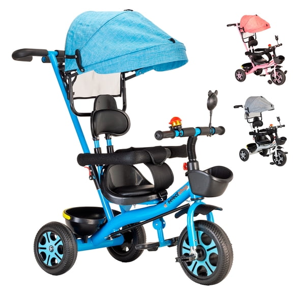 Triciclo para Bebe Triciclo Montable De 4 A 10 Años Carriola Montable con Sombrilla para Sol Silla Ajustable Carrito de Paseo Transformable Plegable Triciclo Infantil