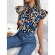 thumbnail image 3 of Blusa con mangas cortas y volantes para fiestas de verano y viajes, color caqui, talla S Blusa con lazo y estampado de leopardo, 3 of 8