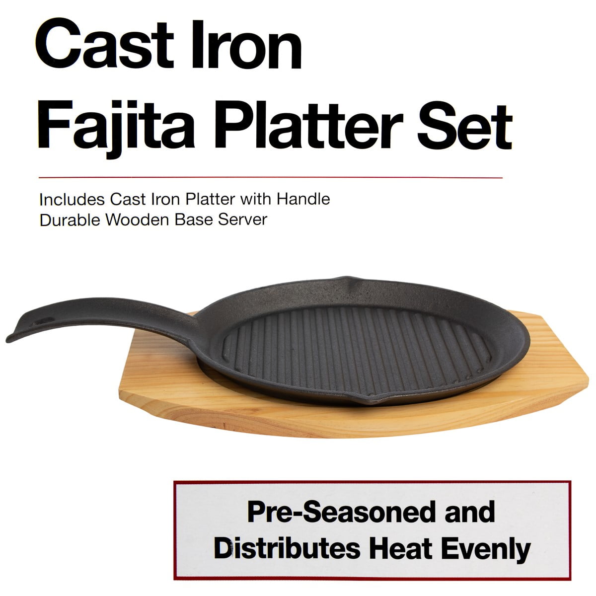 Uno Casa Cast Iron Fajita Skillet Set - 9.8x7.3 Inch Pre-Seasoned