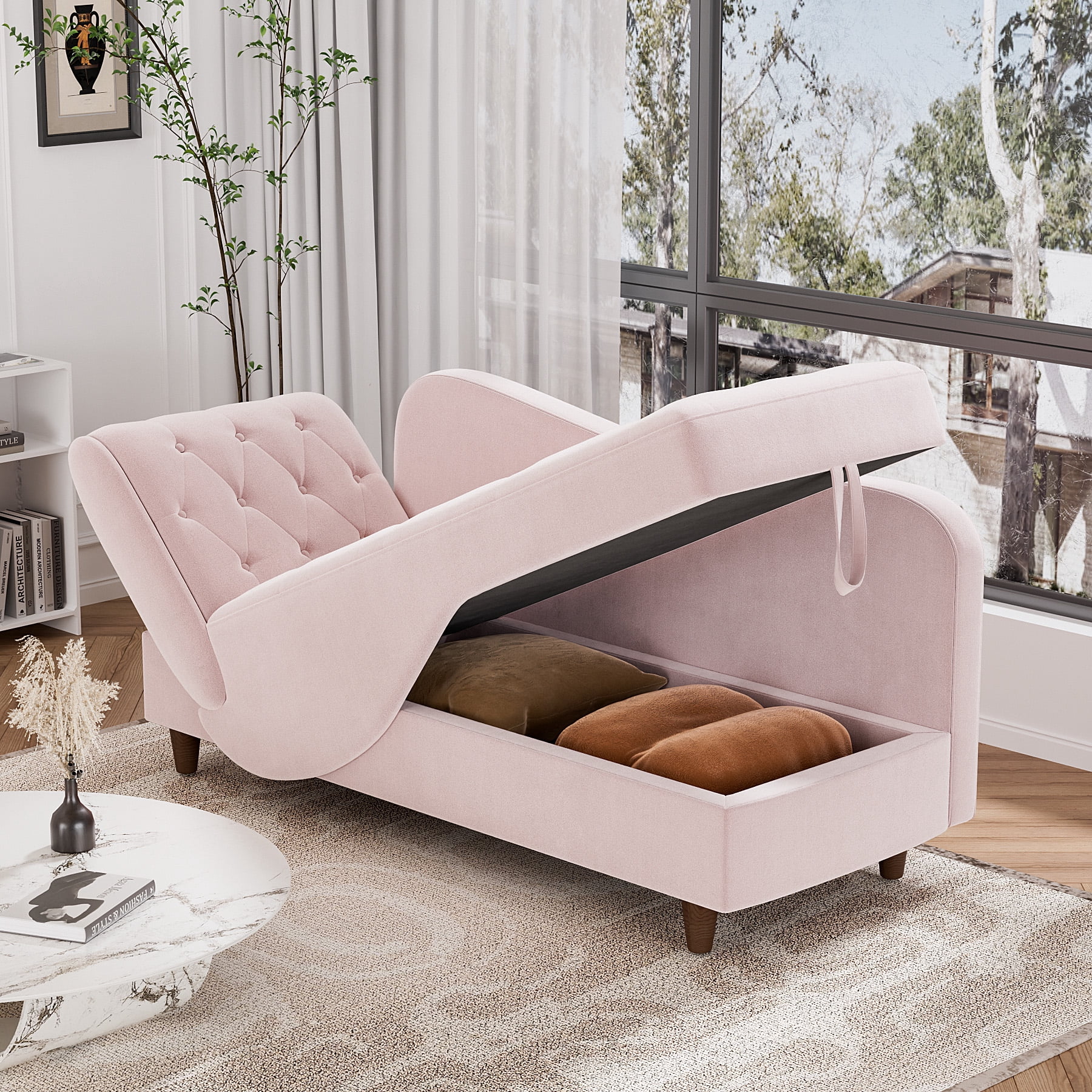 Wiilayok Chaise Lounge Indoor Furniture with Storage,Adjustable Sleeper Sofa Lounge Chair,Velvet Futon Couch Bed,Pink