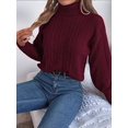 thumbnail image 2 of Women'S Sweater Round Neck Texture Button Lantern Sleeve Tops Pullover Knit Wine Red S, 2 of 8