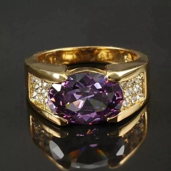 3Ct Oval Cut Lab Created Amethyst Diamond Men's Band Ring 14K Yellow Gold Plated