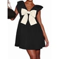 thumbnail image 3 of Women Babydoll Dress Tie Embellished Fly Sleeve Dresses A-Line Ruffle Flowy Short Dress Black XL, 3 of 9