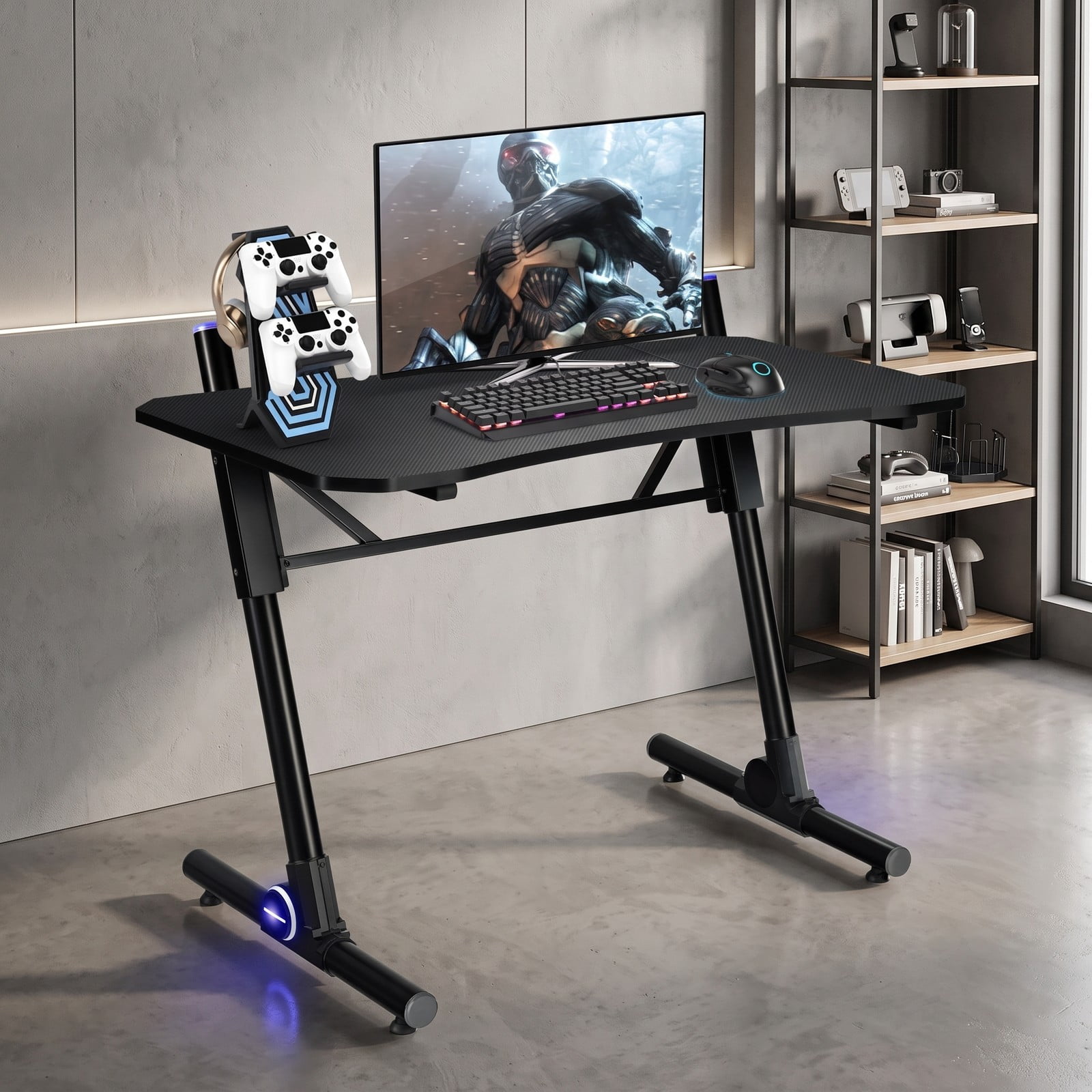 Furnibear 43.5 Inch Gaming Desk with Blue LED Lights, Height Adjustable Ergonomic Computer Desk with Cup Holder and Headphone Hook, Carbon Fiber Textured PC, Black