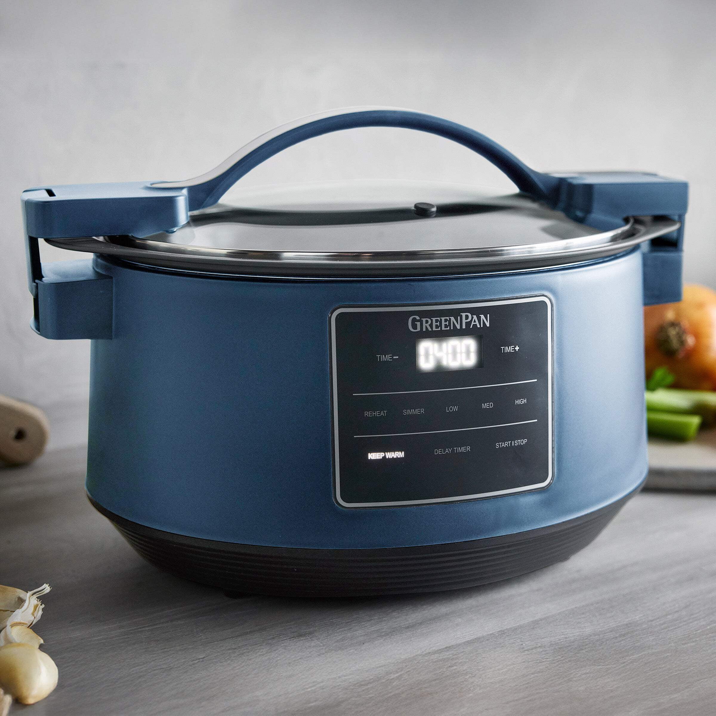 GreenPan 8 Quart Family Size Locking Lid Slow Cooker, Oxford Blue