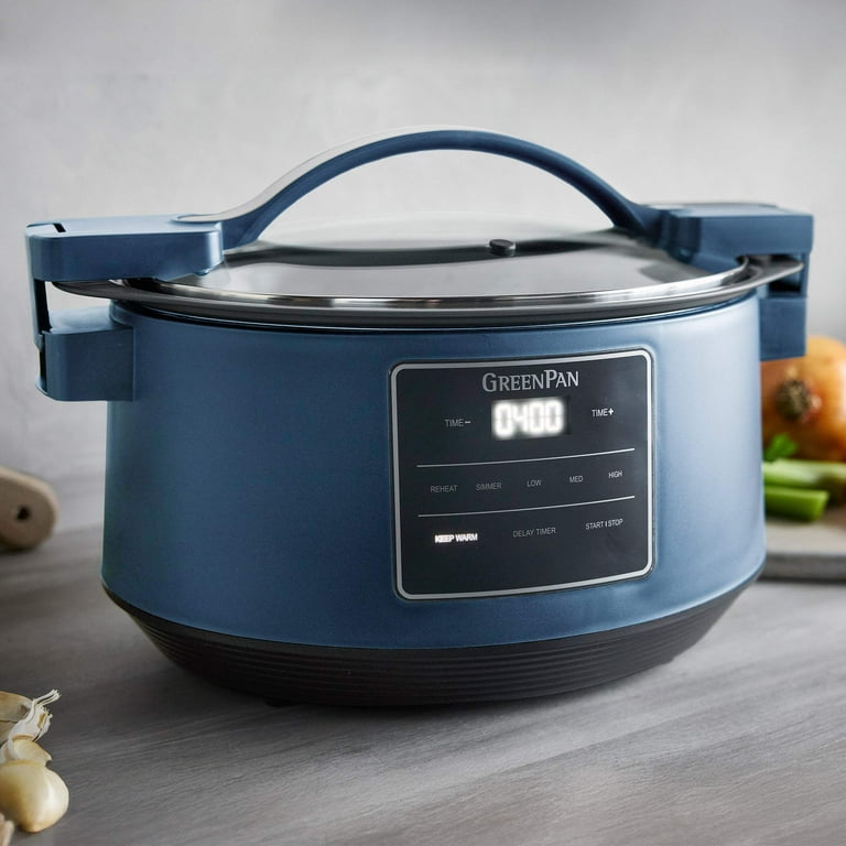 GreenPan 8 Quart Family Size Locking Lid Slow Cooker, Oxford Blue