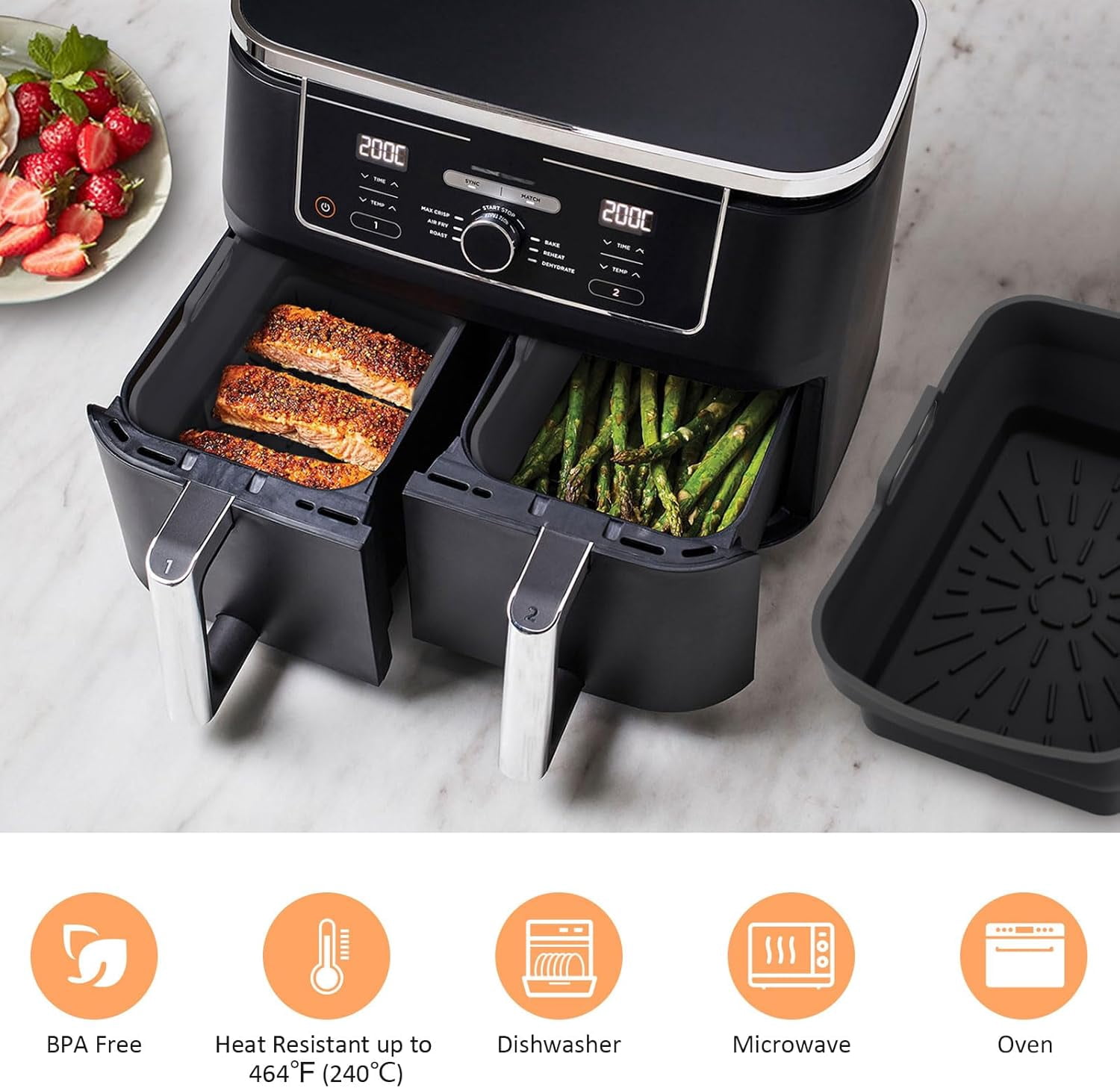 JJEAN-2Pcs Air Fryer Silicone Liners for Ninja SL401 /DZ201/ DZ401/ DZ550 8-10 QT, Reusable Liners for COSORI, Chefman, Instant Air Fryer, Silicone Air Fryer Basket Liners with Magnetic Cheat Sheet,