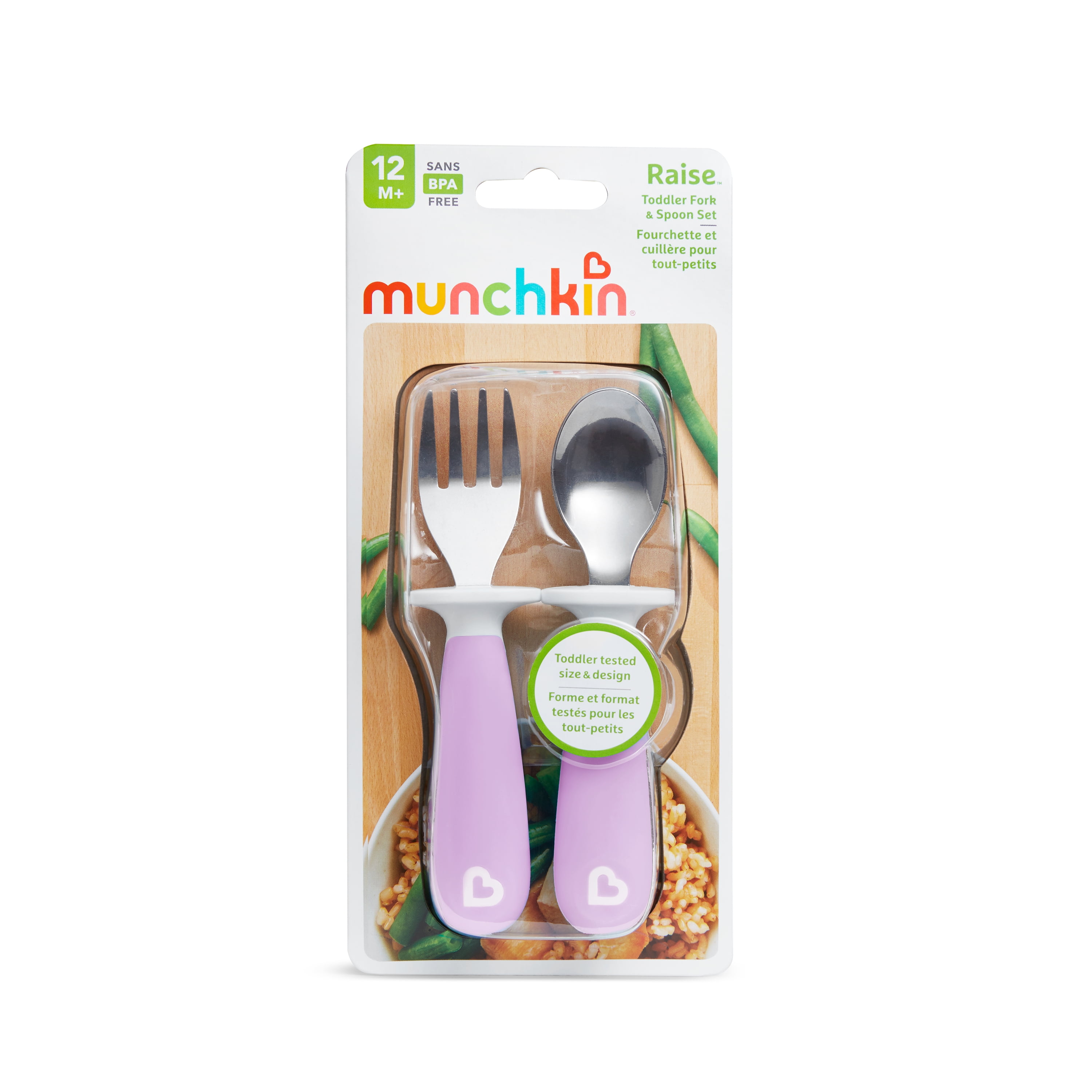 (3 pack) Munchkin® Raise Toddler Fork and Spoon, Pink/Purple, 12+ months, 4 Pack