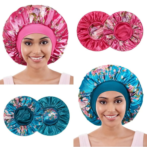 2pcs Double Layer Satin Silk Hair Bonnet for Sleeping Women, Reversible Sleep Bonnets for Women, Wide Band Sleep Cap for Curly Hair Braids