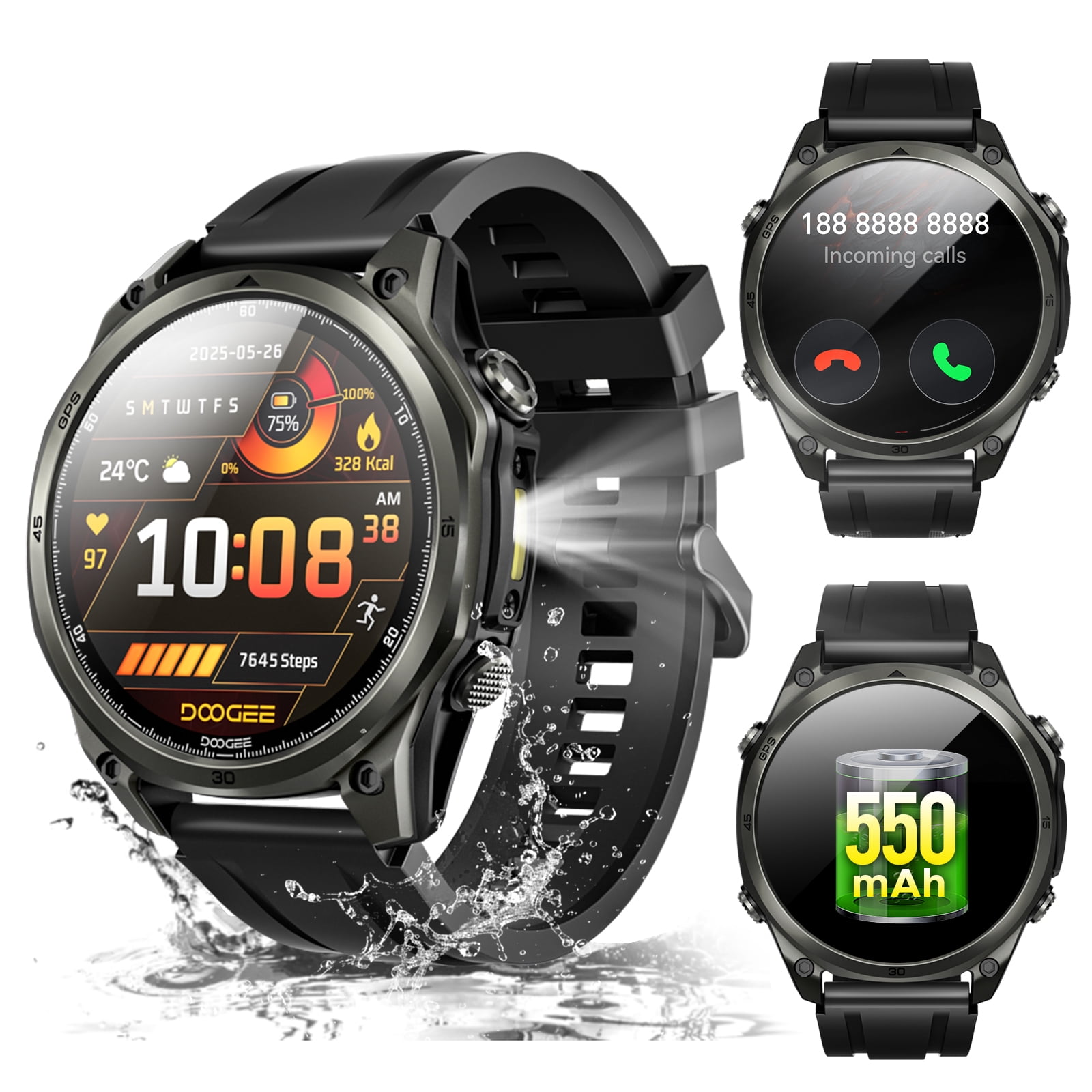 DOOGEE Anywise W1 Smart Watch for Men,1.43" Smart Watches for Android and iPhone, 5ATM Dual-Band GPS Fitness Tracker, 170+ Sports Modes, Answer/Make Calls/Led Flashlight/Compass/2 Strap