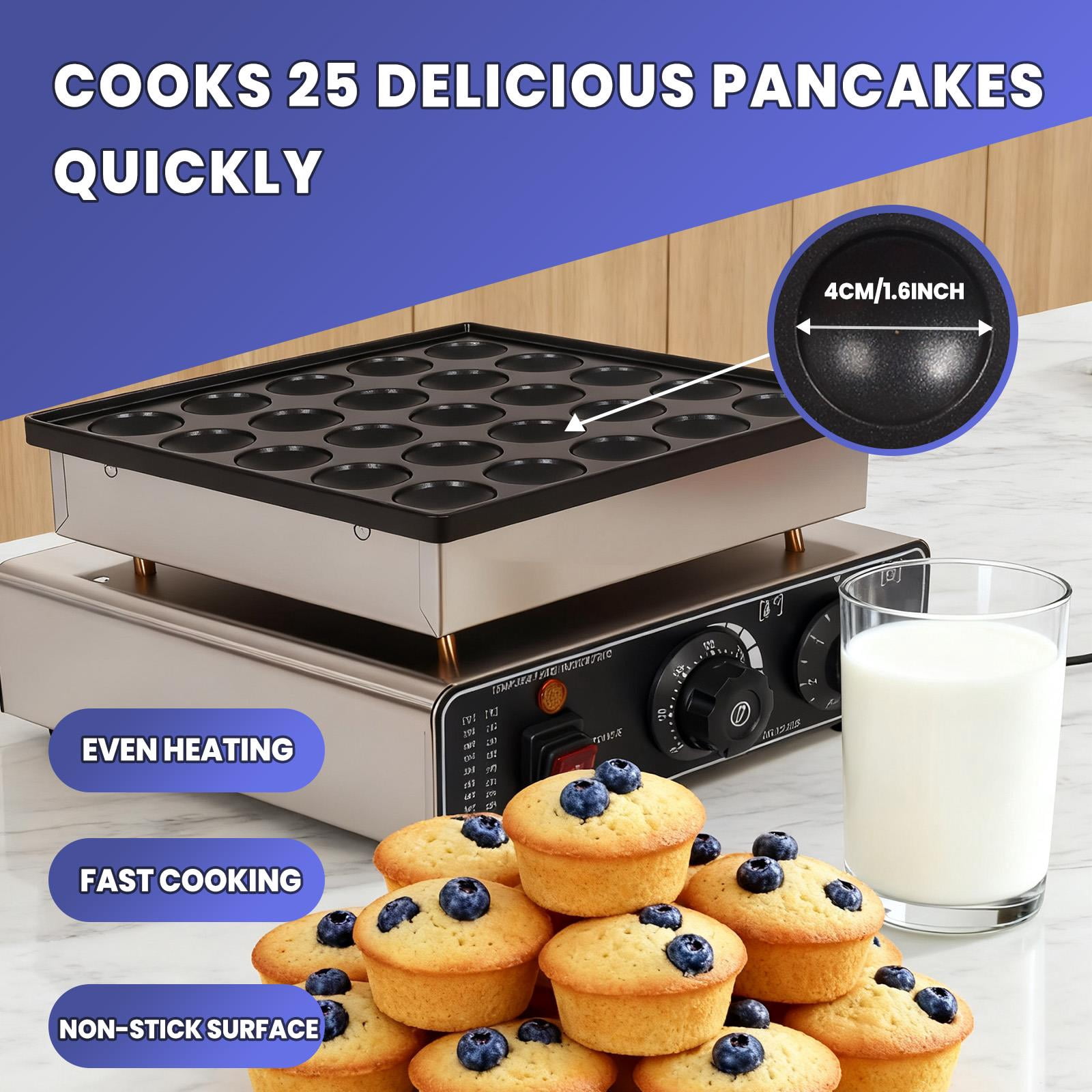 QUHEE Mini Pancake Maker, 25PCS Dutch Muffin Waffle Baker, Non-stick Stainless Steel Grill, Temp & Time Control, for Kitchen and Restaurant