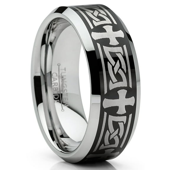 Metal Masters Mens Tungsten Ring Christian Cross Celtic Wedding Band Laser Etched Black 8mm