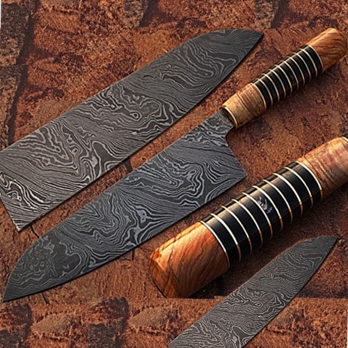 Set of 7 Custom Handmade Damascus Steel Chef Knives" Buffalo Horn & Wood Handle 