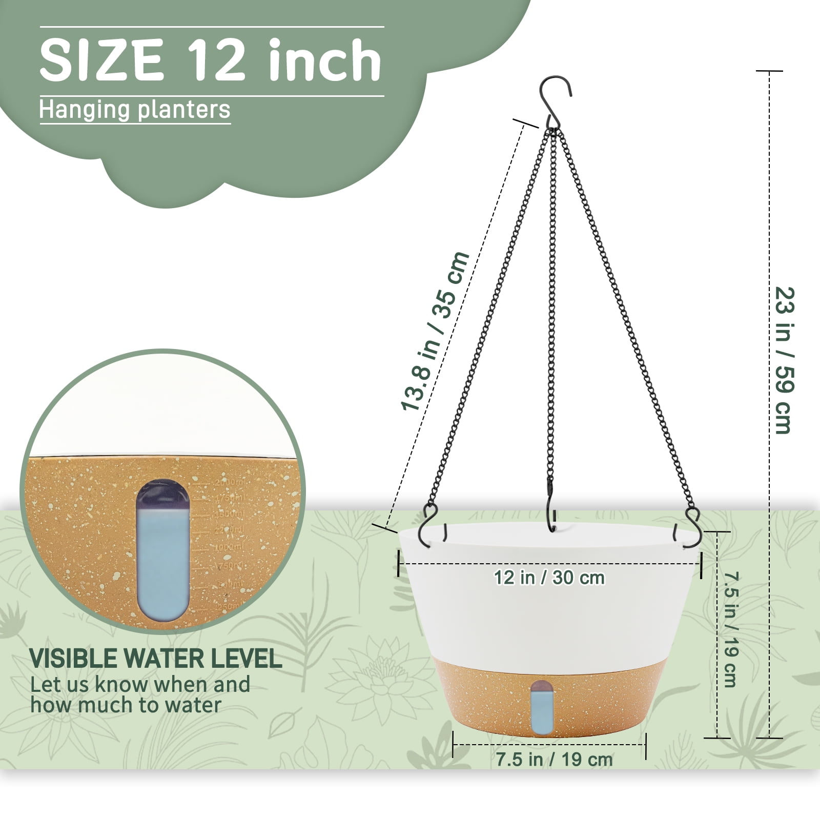 FIASON 2 Pack Plastic 12 Inch White Large Hanging Planter for Indoor & Outdoor Plants, Self-Watering Hanging Baskets with Visual Water Level Reservoir, Drainage Holes & Plant Hanger