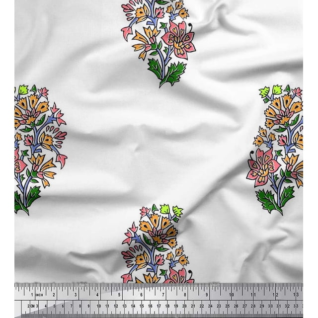 Soimoi Silk Fabric Leaves & Floral Block Printed Fabric 1 Yard 42 Inch Wide