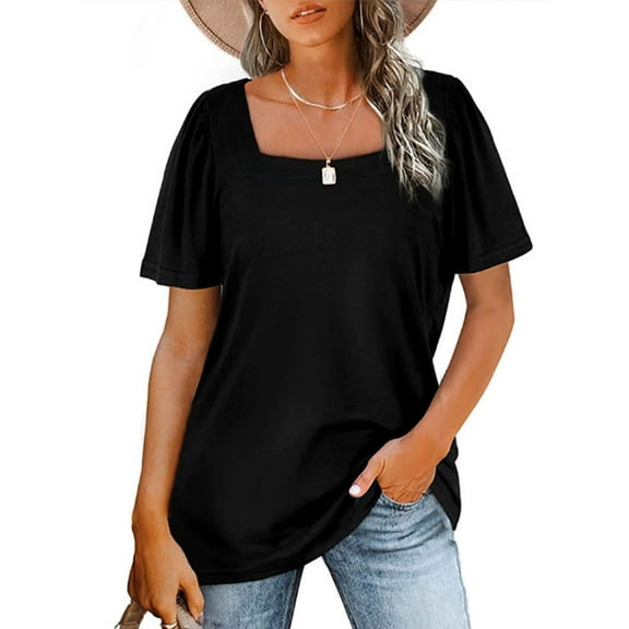 Luxtrada Womens Summer Tops Casual Square Neck Puff Short Sleeve T Shirts (Black,S)