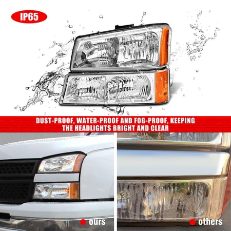 ADCARLIGHTS for 2003 2004 2005 2006 Chevy Silverado Headlight Assembly compatible with 03-06 Silverado Avalanche 1500/2500/3500 Clear Lens Chrome Housing Amber Reflector Headlamp Replacement Pair