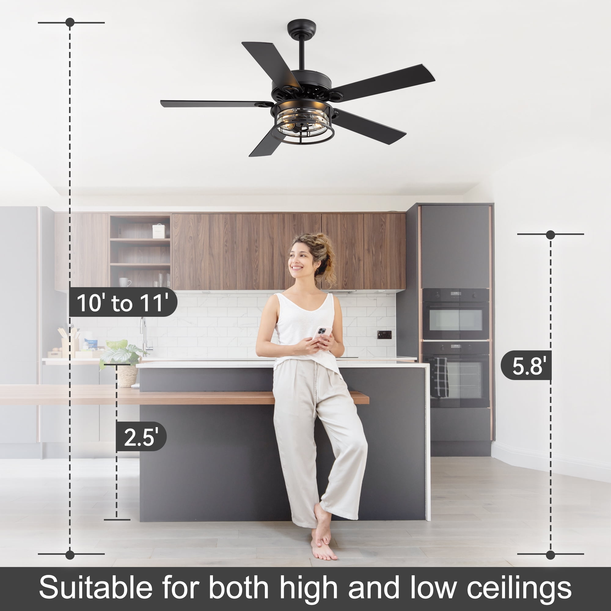 ALKAFY 52 inch Matte Black Traditional Ceiling Fan with Light - Remote, for Bedroom/Living Room/Kitchen