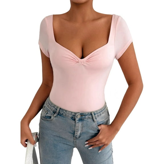Women'S Sweetheart Neck Short Sleeve Bodysuit Slim Fit Fashion Body Suit Basic Jumpsuit Shirts Pink XS