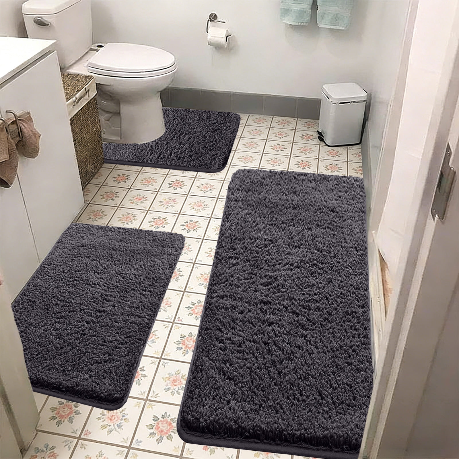 Tuvgenk Non Slip Bathroom Rug Set 3 Piece Water Absorbing Bath Rug Sets 3 Large Bath Mat Sets for Bathroom Floor(Black,31x16 inch,24x16 inch,20x16 inch)