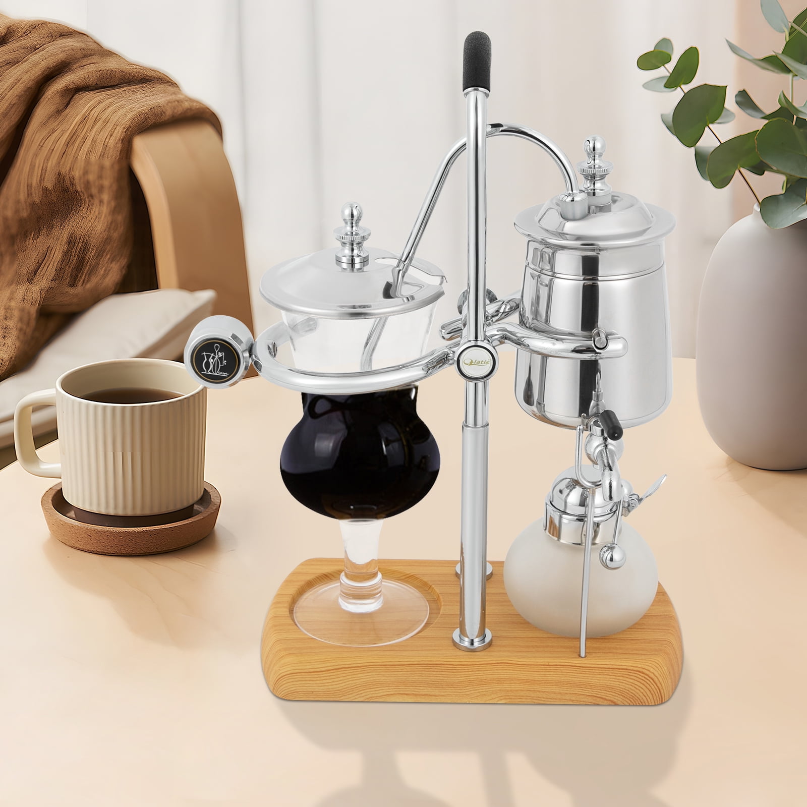 Belgian Syphon Coffee Maker Set, 4-Cup Vintage Luxury Royal Siphon Coffee Brewer for Home Office Silver