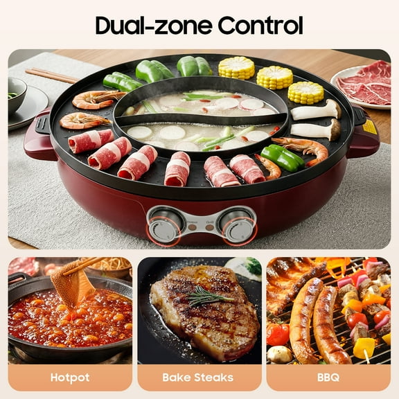 ChicHomey Electric Roasting Pan & Hot Pot Combo - 2200W Dual-Zone, Independent Temperature Control,Non-Stick Coating,for Homes Restaurants Hotels