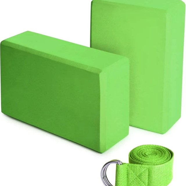 High-Density EVA Yoga Brick & Strap Kit - Solid Green Foam Support Blocks for Yoga, Dance & Stretching - 2 Bricks with Extension Belt for Balance, Flexibility & Split Training - Essential Fitness
