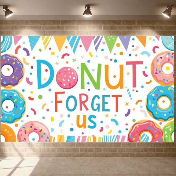 Colorful Donut Party Banner Vibrant Color Scheme Farewell Event Backdrop Cartoon Donut Sweet Celebration Background for Farewell Parties Dessert Celebrations School Events
