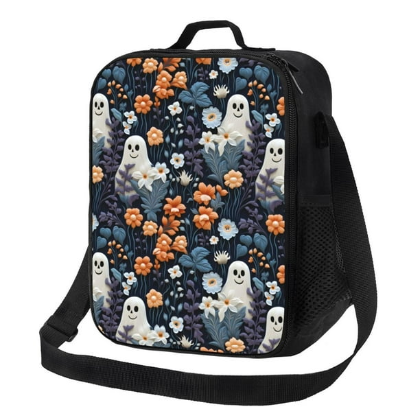 Balery Cute ghost in the flowers Caja de Almuerzo y Bolsa de Almuerzo para Hombres y Mujeres, Bolsa de Almuerzo Reutilizable con Gran Capacidad, Bolsa de Almuerzo Aislada