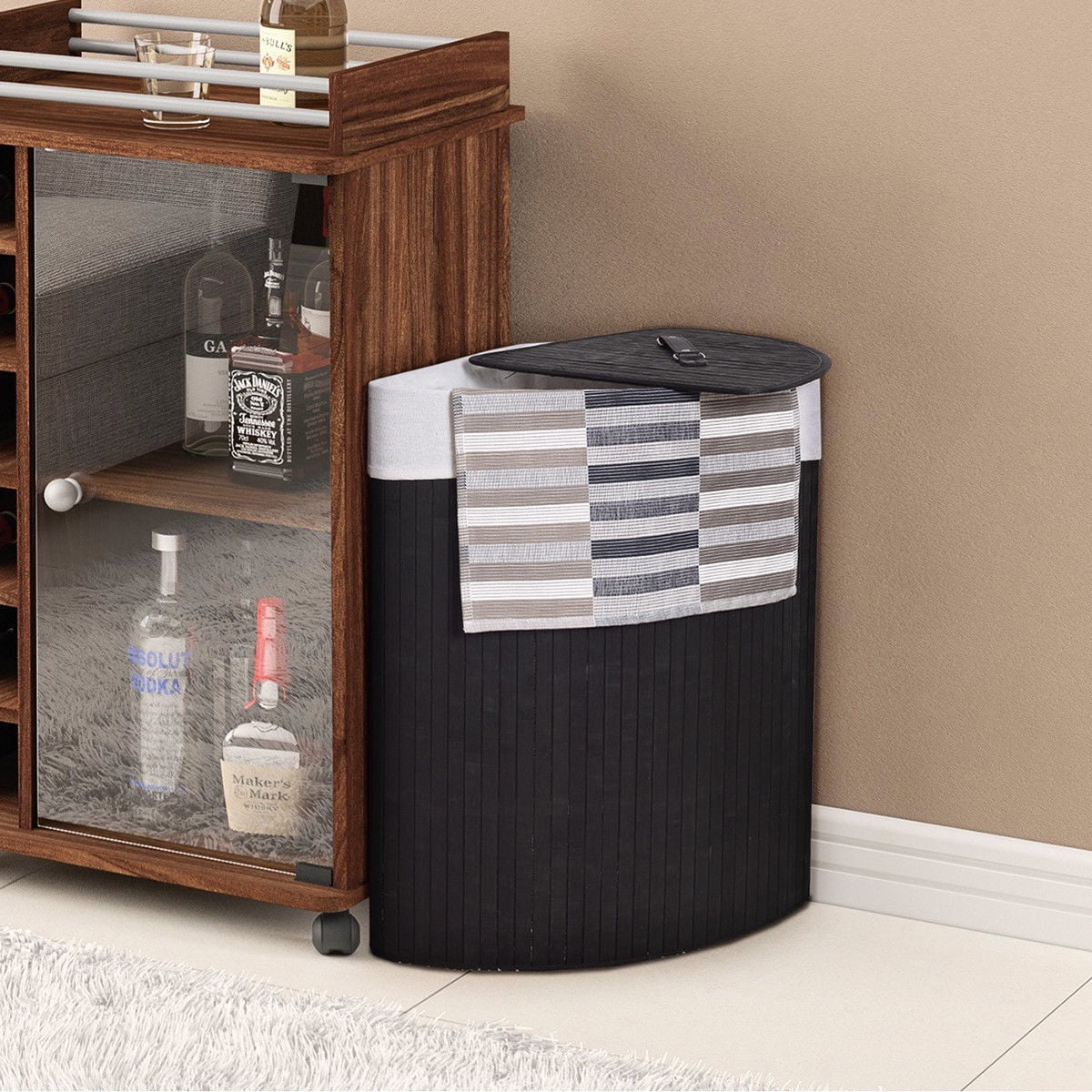 Costway Corner Bamboo Hamper Laundry Basket Washing Cloth Bin Storage Bag Lid Black