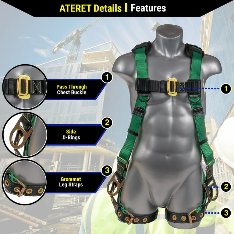 Palmer Safety Fall Protection Safety Harness Kit I 5pt Full Body, 6' Single  Lanyard, 18 D-Ring Extender I Dorsal & Sides D-ring I OSHA ANSI Compliant Personal  Equipment (Green - Universal) 