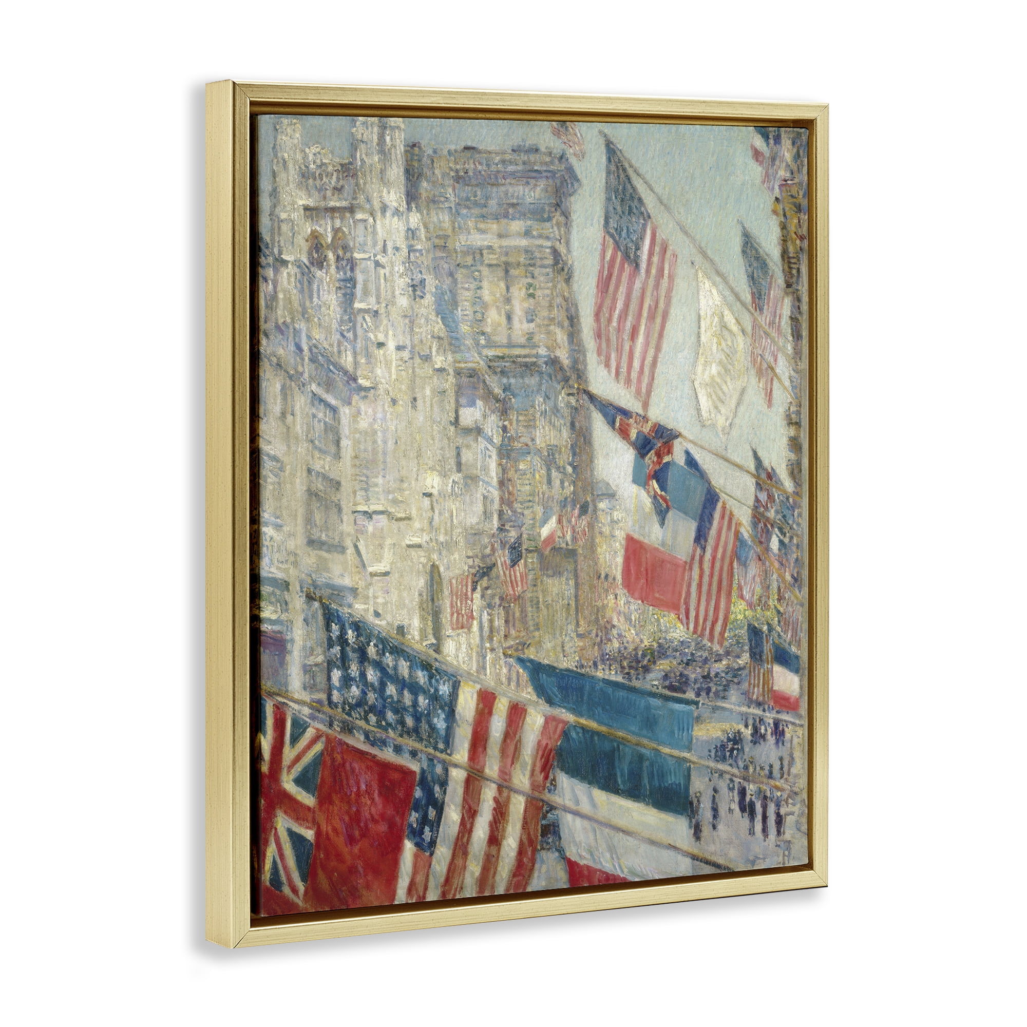 Stupell Industries Classic Americana Flags Patriotic Painting Gold Floater Framed Canvas Art Print Wall Art, 17 x 21