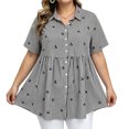 thumbnail image 2 of ClodeEU Women's Striped Embroidered Plus Size Print Short Sleeve Peplum Blouse, Casual Button Down Summer Shirt Black,Women's Plus L, 2 of 6